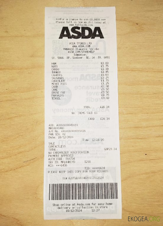 Reçu de paiement du magasin Asda